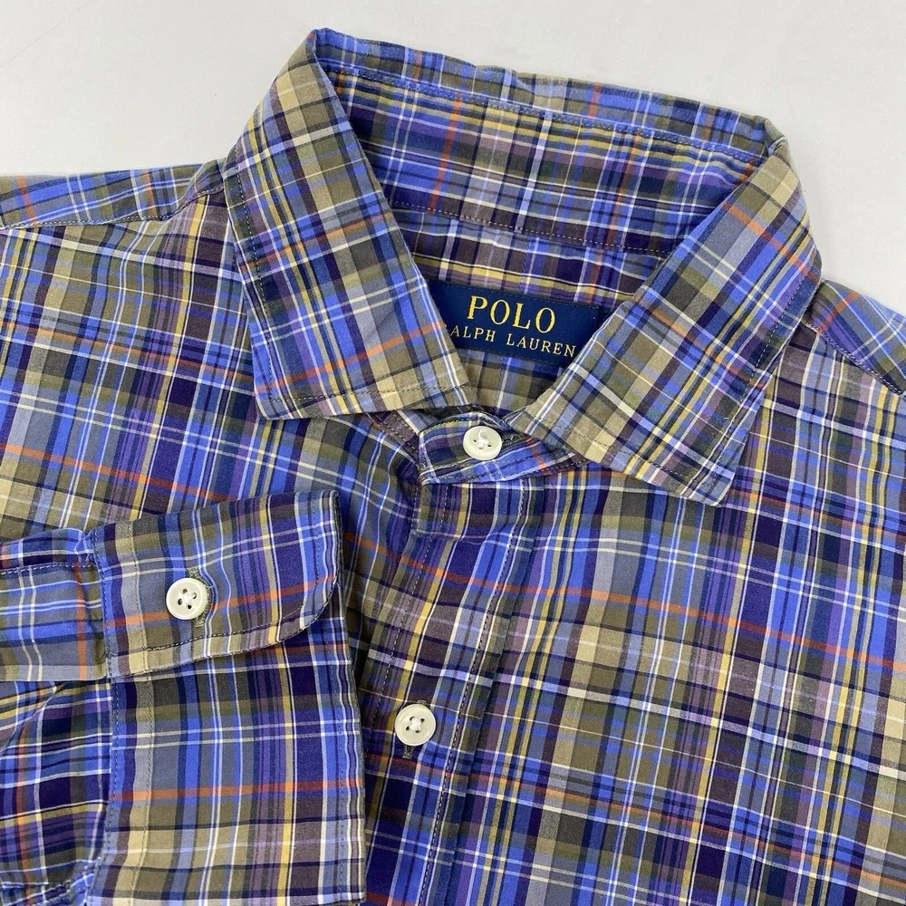 Polo Ralph Lauren Button Down Mens S Blue Olive Plaid Long Sleeve Pony Logo‎